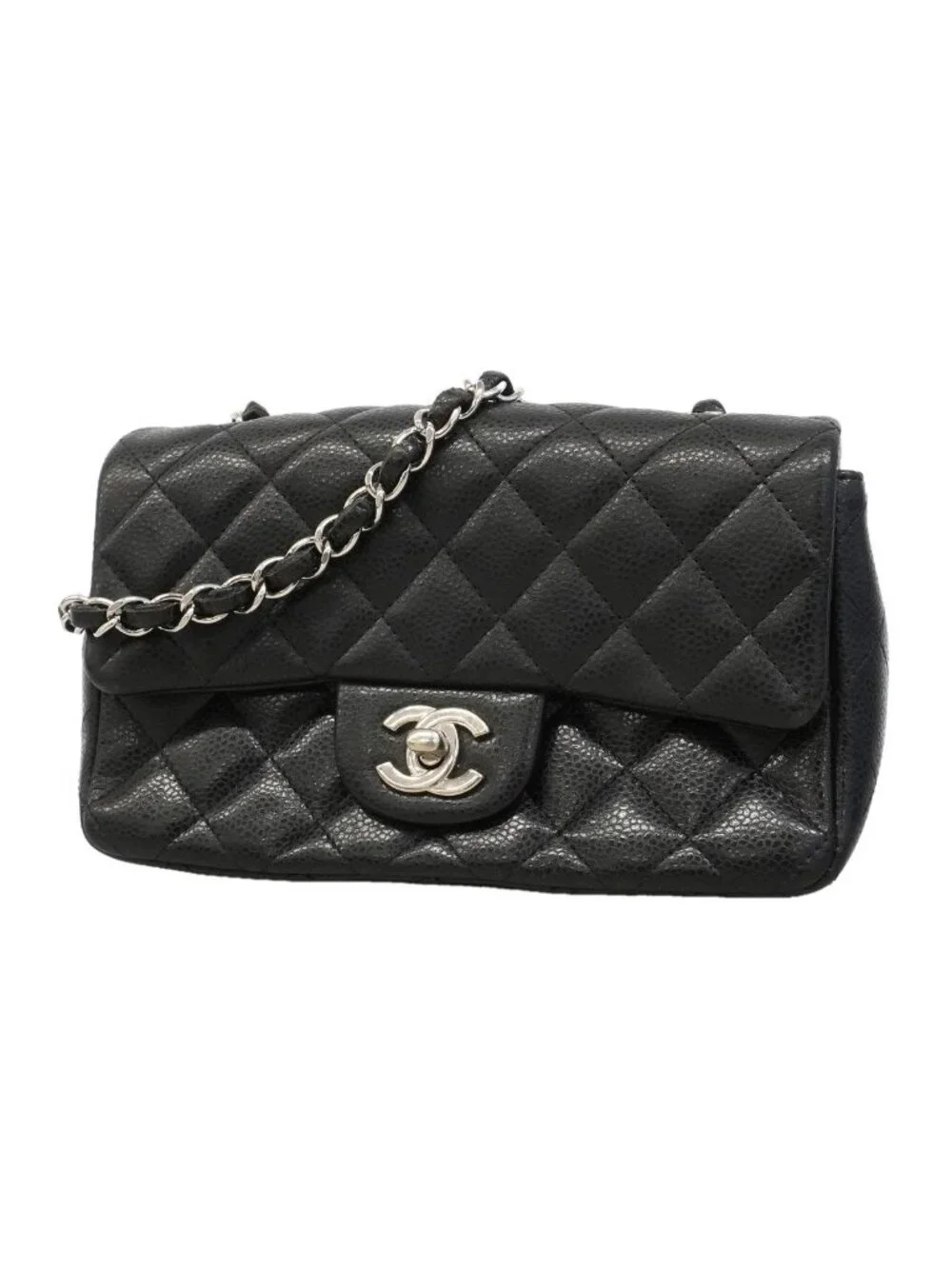 Chanel Shoulder Bag Mini Quilted Caviar Leather Black Silver